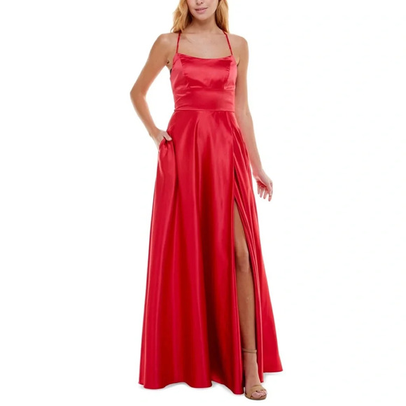 B DARLIN Red Slitted Lace-up Satin Gown Formal Dress